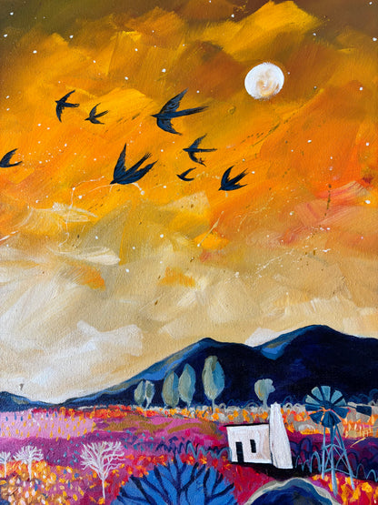 “The sun blaze over the hills like a million flowers burning “ - Original painting