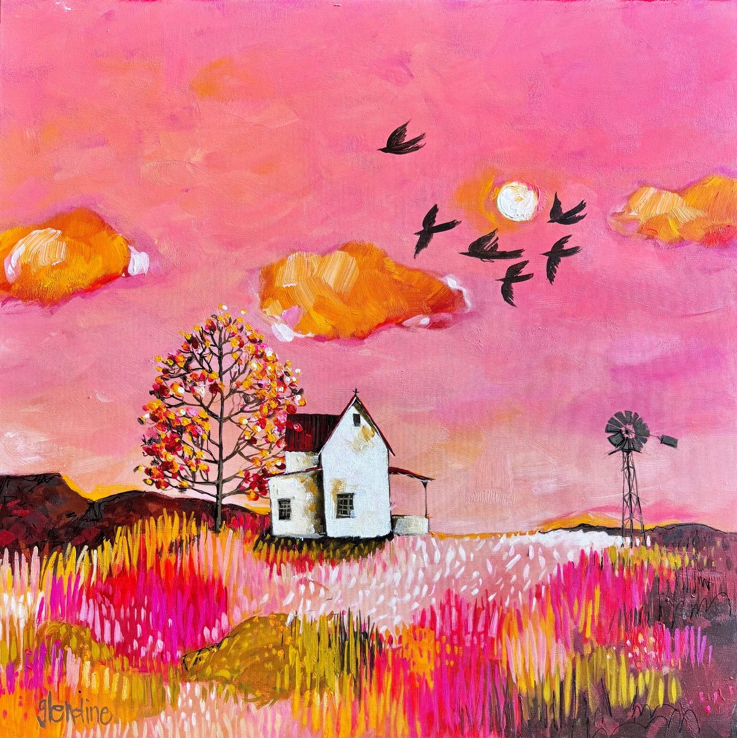 “We embrace under a pink sky with the birds of love”