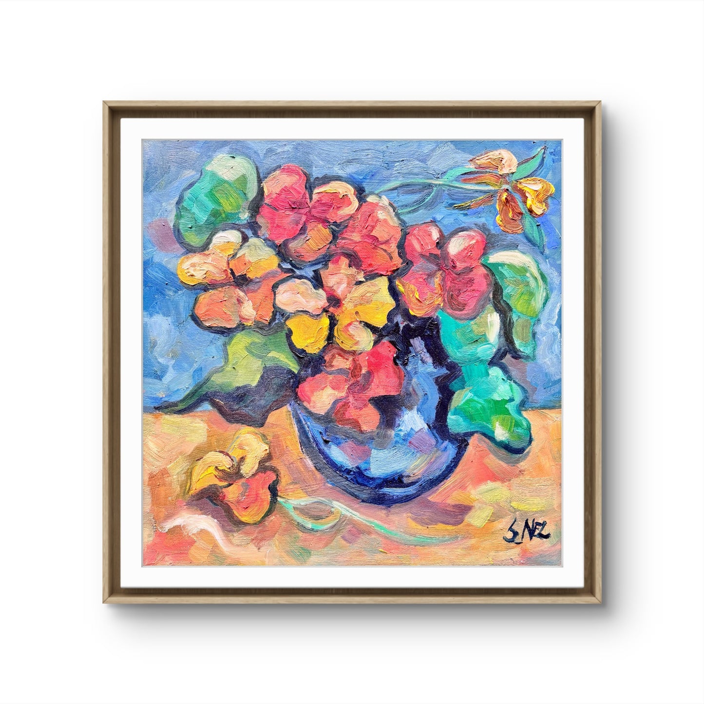 Nasturtiums in oil by Sonja Nel