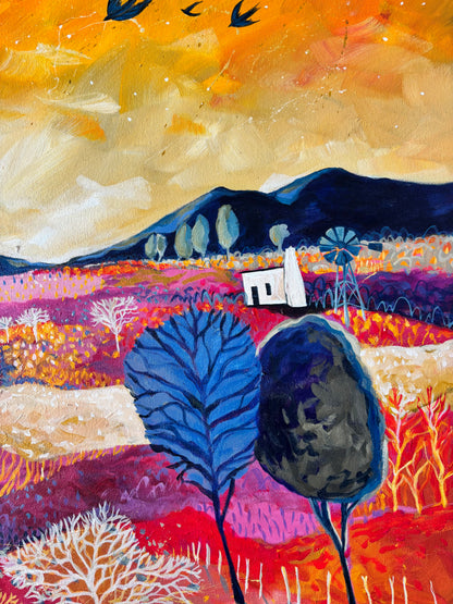 “The sun blaze over the hills like a million flowers burning “ - Original painting