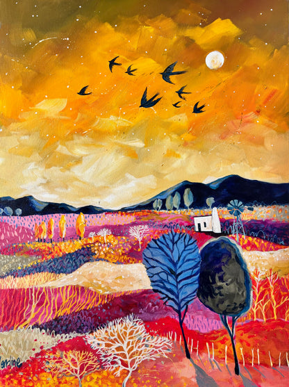 “The sun blaze over the hills like a million flowers burning “ - Original painting
